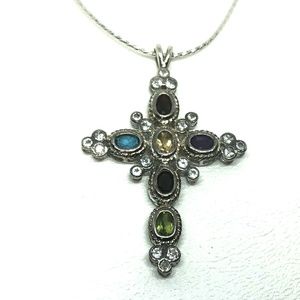Multi Gemstone Sterling Silver Cross Necklace